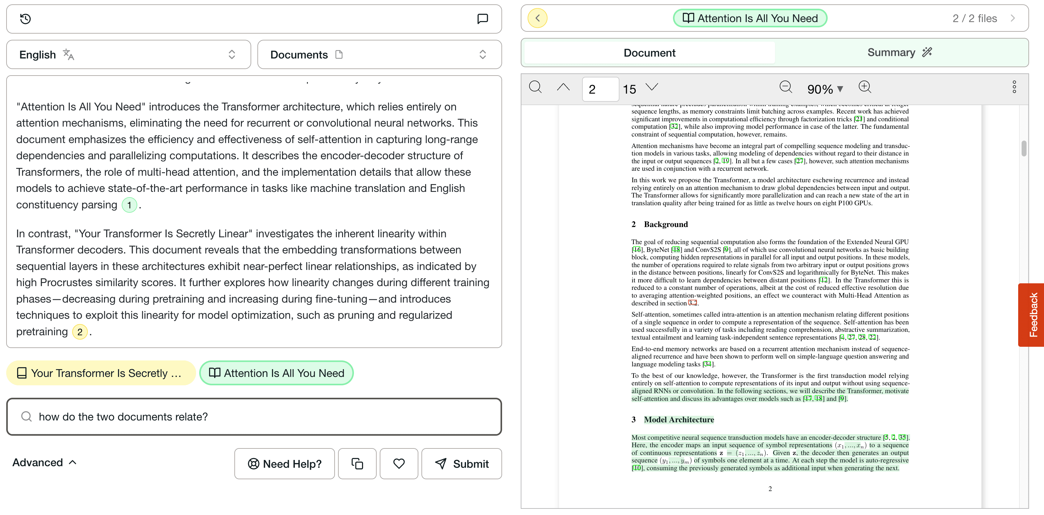 A DocuAsk answer with color-coded inline citations beside the source document